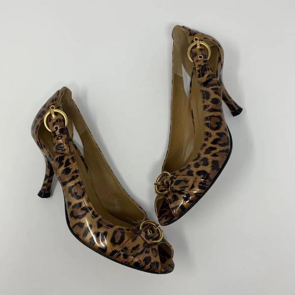 Stuart Weitzman Cheetah Peep‎ Toe Buckle Heels - Picture 3 of 8